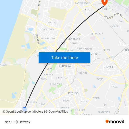 יבנה to צפרייה map