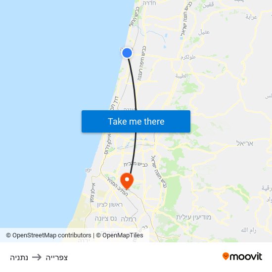 נתניה to צפרייה map