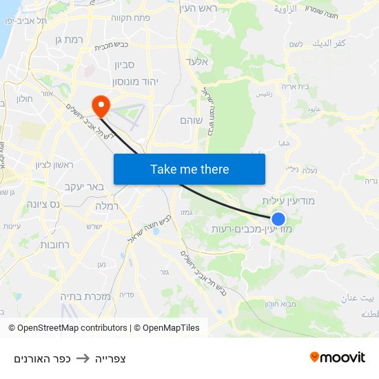 כפר האורנים to צפרייה map