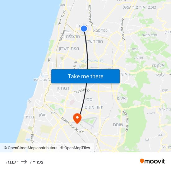 רעננה to צפרייה map