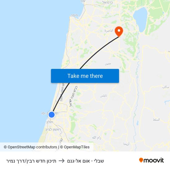 תיכון חדש רבין/דרך נמיר to שבלי - אום אל-גנם map