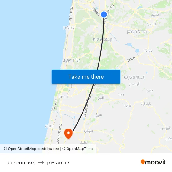 כפר חסידים ב' to קדימה-צורן map