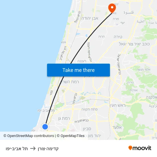 תל אביב-יפו to קדימה-צורן map