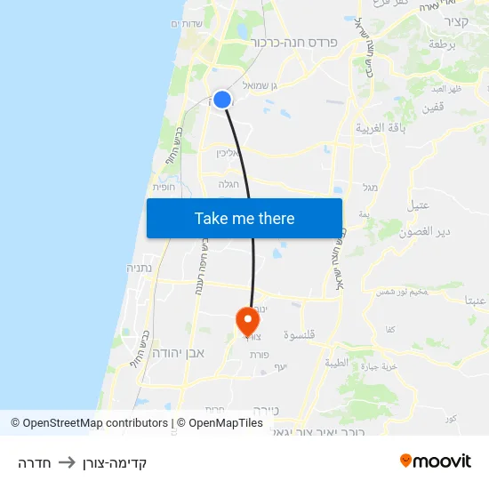 חדרה to קדימה-צורן map