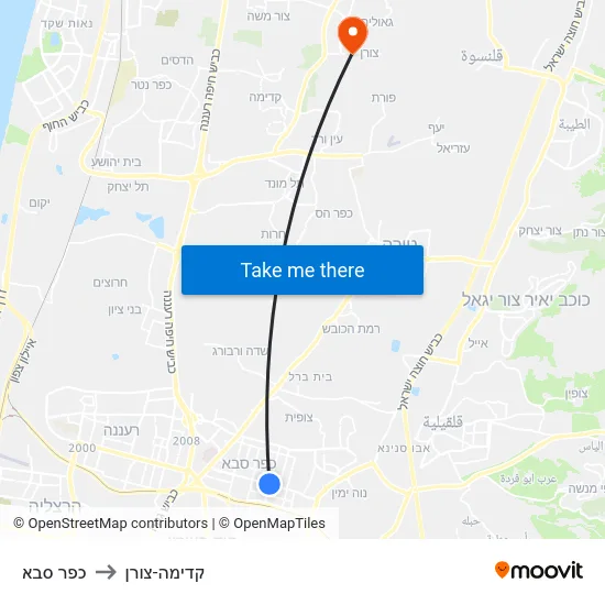 כפר סבא to קדימה-צורן map