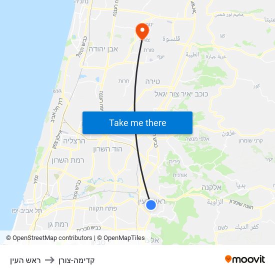 ראש העין to קדימה-צורן map