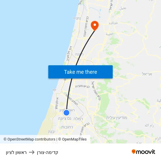 ראשון לציון to קדימה-צורן map