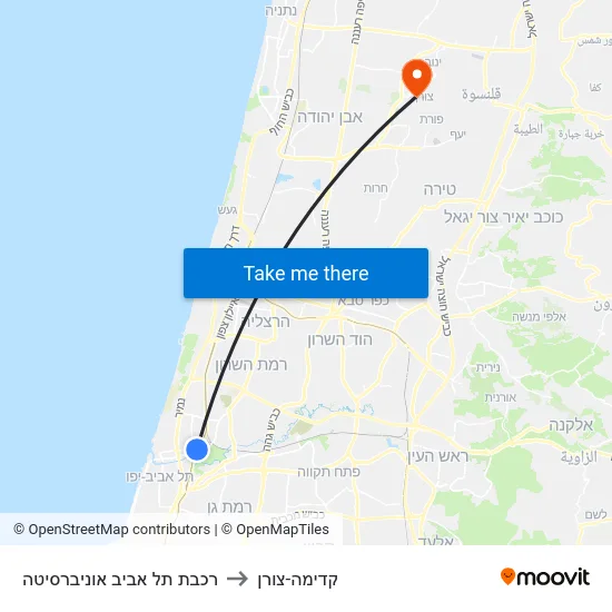 רכבת תל אביב אוניברסיטה to קדימה-צורן map