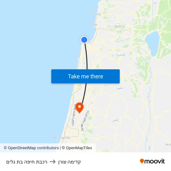 רכבת חיפה בת גלים to קדימה-צורן map
