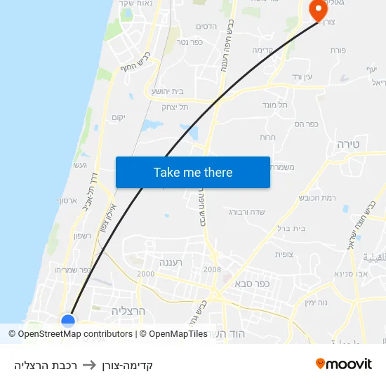רכבת הרצליה to קדימה-צורן map
