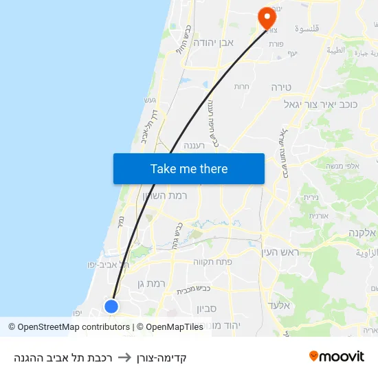 רכבת תל אביב ההגנה to קדימה-צורן map
