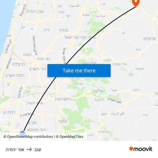 אור יהודה to ענב map