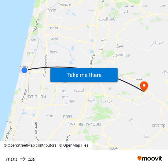 נתניה to ענב map