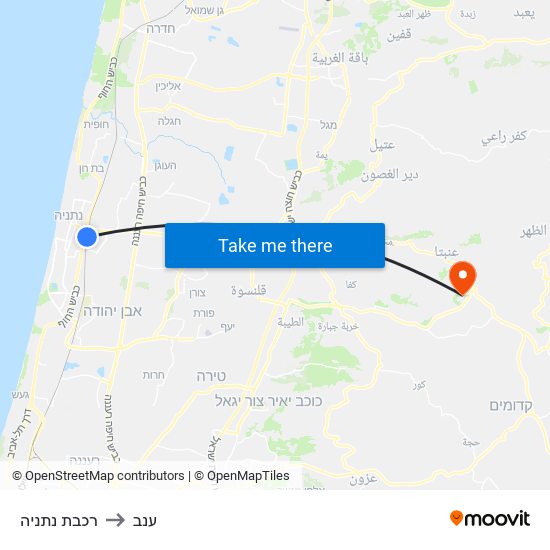 רכבת נתניה to ענב map