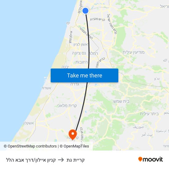 קניון איילון/דרך אבא הלל to קריית גת map