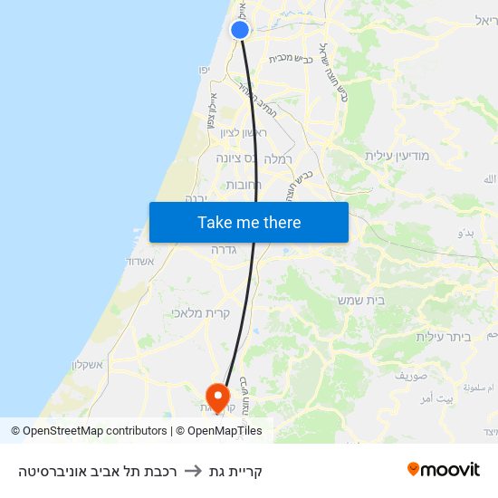רכבת תל אביב אוניברסיטה to קריית גת map