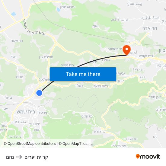 נחם to קריית יערים map