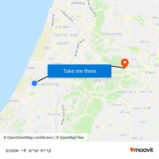 אמונים to קריית יערים map