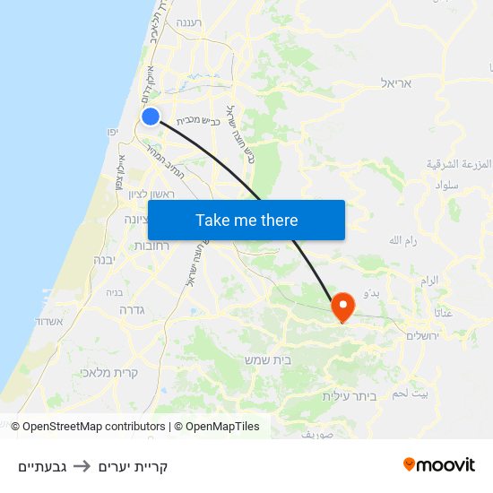 גבעתיים to קריית יערים map