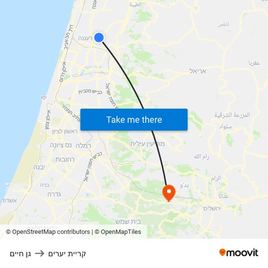 גן חיים to קריית יערים map