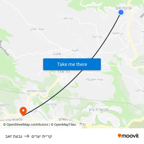 גבעת זאב to קריית יערים map