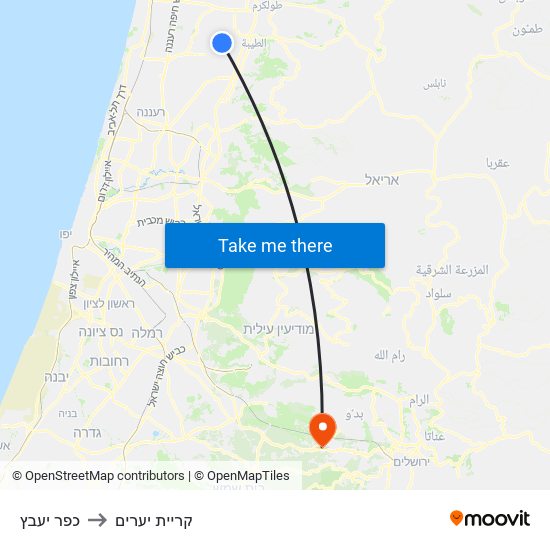 כפר יעבץ to קריית יערים map