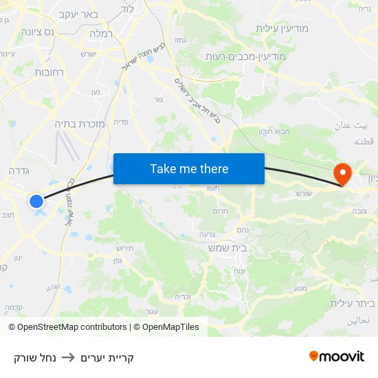 נחל שורק to קריית יערים map