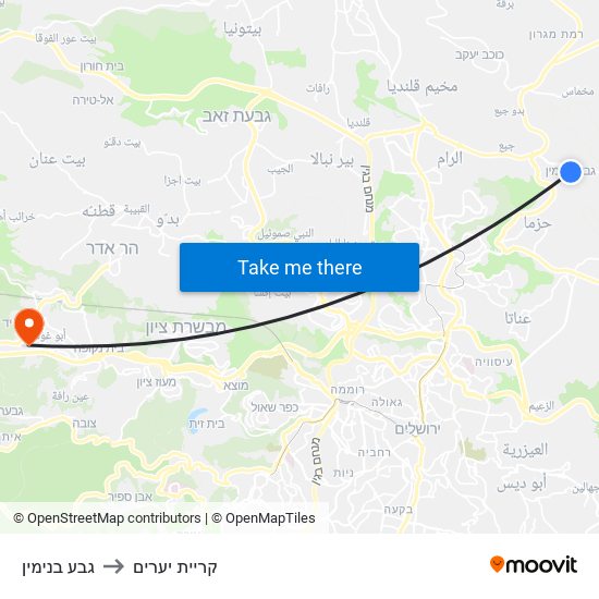 גבע בנימין to קריית יערים map