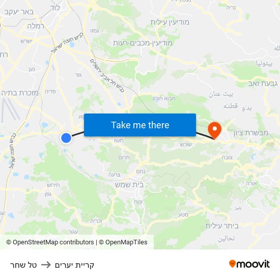 טל שחר to קריית יערים map