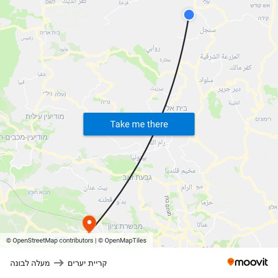 מעלה לבונה to קריית יערים map