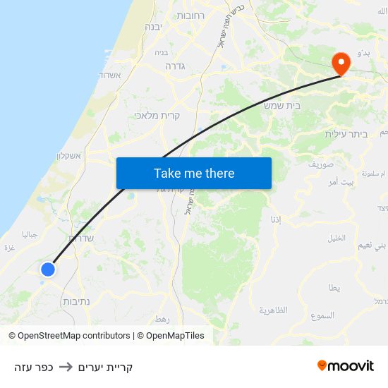 כפר עזה to קריית יערים map