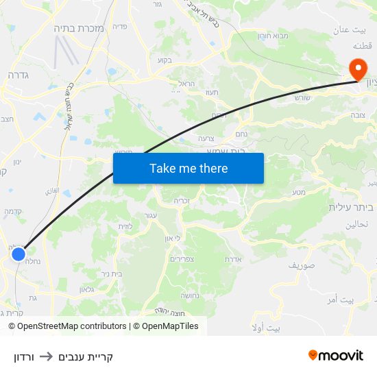 ורדון to קריית ענבים map