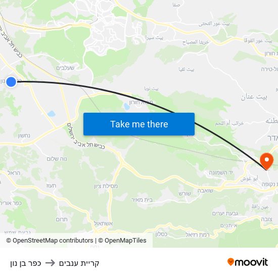 כפר בן נון to קריית ענבים map