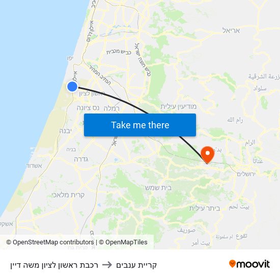 רכבת ראשון לציון משה דיין to קריית ענבים map