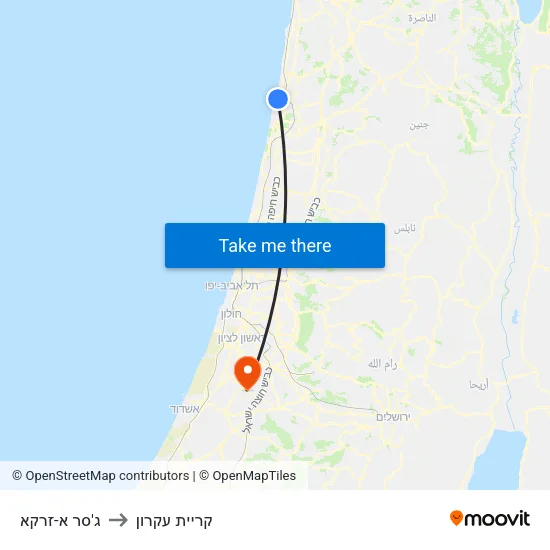ג'סר א-זרקא to קריית עקרון map
