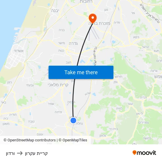 ורדון to קריית עקרון map