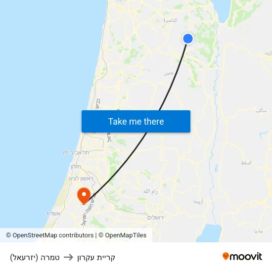 טמרה (יזרעאל) to קריית עקרון map