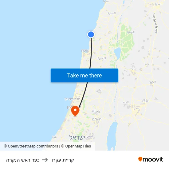 כפר ראש הנקרה to קריית עקרון map