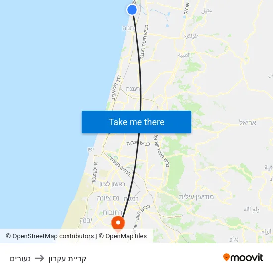 נעורים to קריית עקרון map