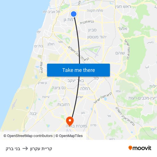 בני ברק to קריית עקרון map