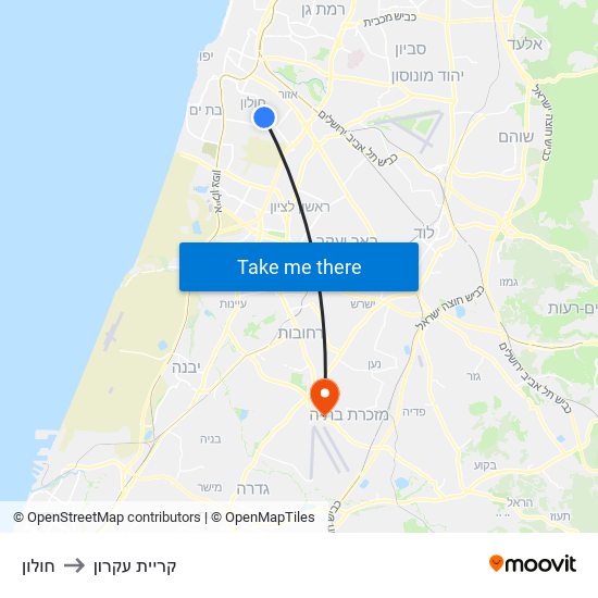 חולון to קריית עקרון map