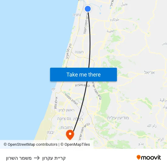 משמר השרון to קריית עקרון map