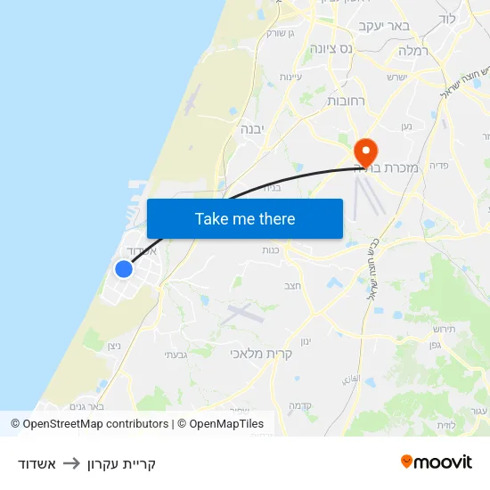 אשדוד to קריית עקרון map