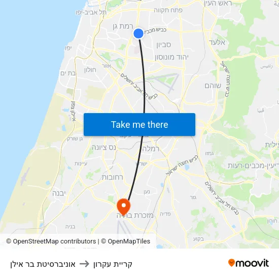 אוניברסיטת בר אילן to קריית עקרון map