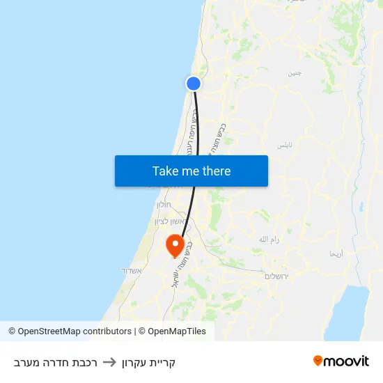 רכבת חדרה מערב to קריית עקרון map