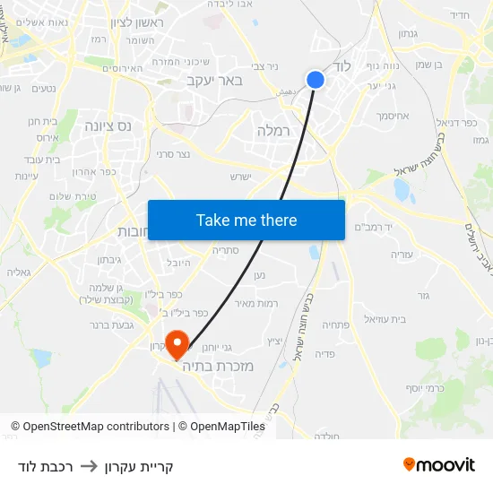 רכבת לוד to קריית עקרון map