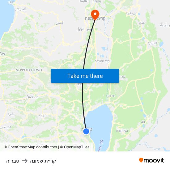 טבריה to קריית שמונה map