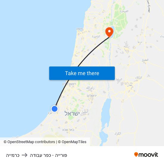 כרמייה to פורייה - כפר עבודה map