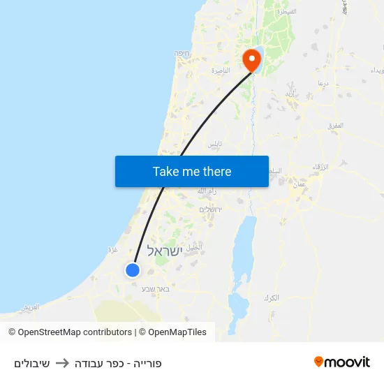 שיבולים to פורייה - כפר עבודה map