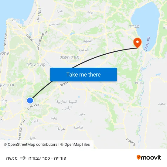 מנשה to פורייה - כפר עבודה map